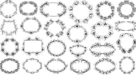 Fototapeta premium Elegant Hand-drawn Black and White Line Art Floral Frames Collection for Decorative Design, Wedding Invitations, and Event Branding