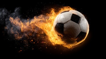 Fototapeta premium Soccer Ball on Fire with Dynamic Flames on Black Background
