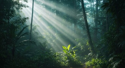 Obraz premium Sunbeams pierce a dense, lush green jungle canopy, creating ethereal light