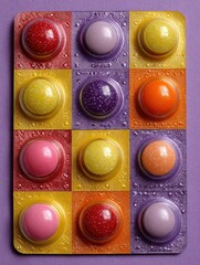 Colorful Candy-Like Tablets Arranged on a Purple Background for a Playful Visual Appeal at an Art Display
