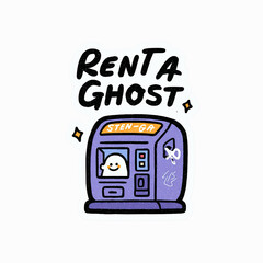 Cute ghost in a vending machine with 'Rent a Ghost' text