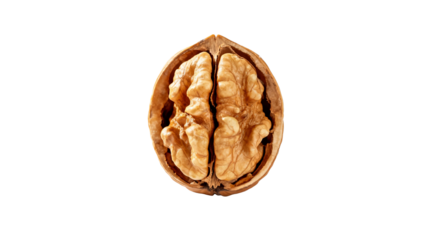 A close-up view of a halved walnut revealing its brain-like interior structure against a white background.