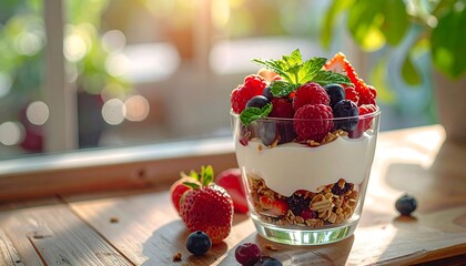 Greek Yogurt Parfait With Fresh Berries and Granola in Glass