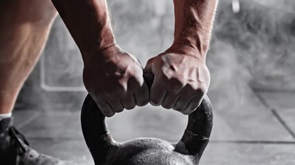 Athlete hands applying chalk and lifting kettlebell photo collage