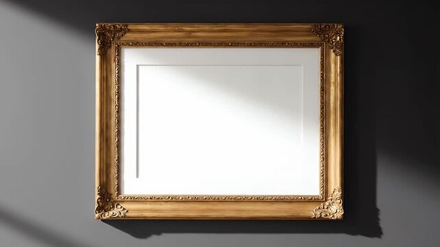 Ornate Golden Picture Frame Hanging on a Dark Wall with Light Shadows.