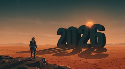 Cinematic 2026 Future Concept, Monolithic Year 2026 on Red Alien Planet at Sunrise, Minimalist Astronaut Scifi Landscape, Teal and Orange Expansive Horizon Background 2026