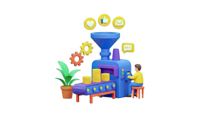 3D Illustration of a Production Machine Creating Social Media Engagement