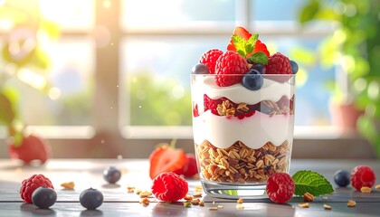 Fresh Berry Greek Yogurt Parfait Layered With Granola in Glass
