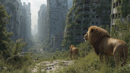 Wild lions explore overgrown urban jungle amidst abandoned buildings and lush greenery in post apocalyptic world