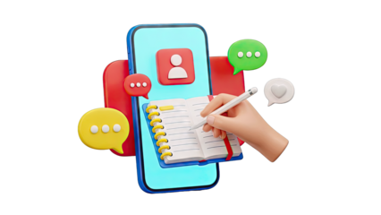 3D 3D illustration of a smartphone with chat bubbles and a notebook