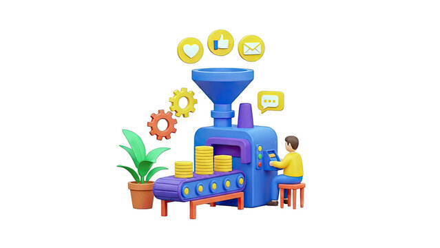 3D Illustration of a Production Machine Creating Social Media Engagement - Powered by Adobe