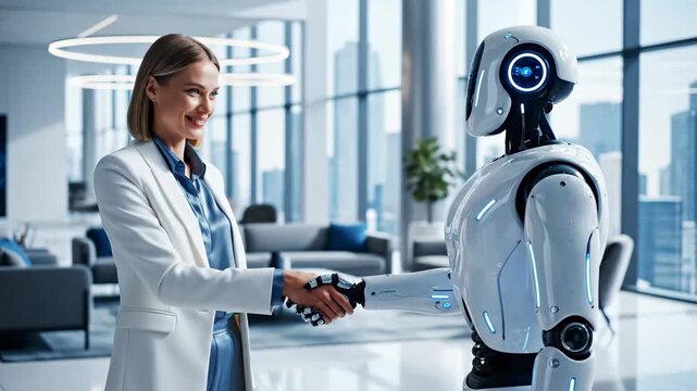 Woman and Robot Shaking Hands in Modern Office Setting.