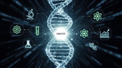 DNA analysis and scientific research concept with glowing icons