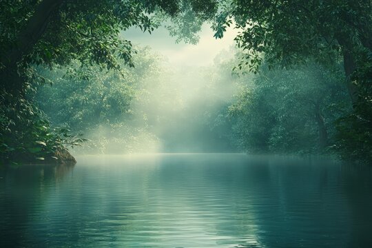 Tranquil, misty forest river scene with lush greenery.