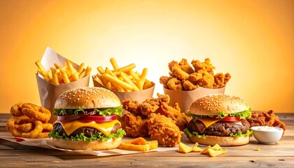 Composition of Unhealthy Junk Fast Food on Table Ultra Processed High Calorie Concept