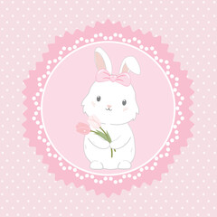 Cute white bunny holding Tulip Flowers, inside a lace circle on a soft pink polka-dot background