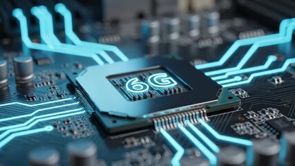 Futuristic 6G Chipset on a Circuit Board with Glowing Blue Connections. - Powered by Adobe