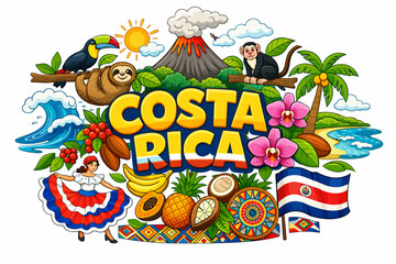 Fototapeta premium Costa Rica culture vector illustration with rainforest volcano coastline and traditional symbols
