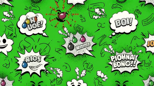 Vibrant Green Background with Comic Book Style Speech Bubbles and Cartoon Faces.