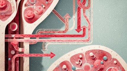 Detailed Illustration Showcasing Intricate Pathways and Structures Within Cellular Biology, Emphasizing Cell Communication and Nutrient Transport