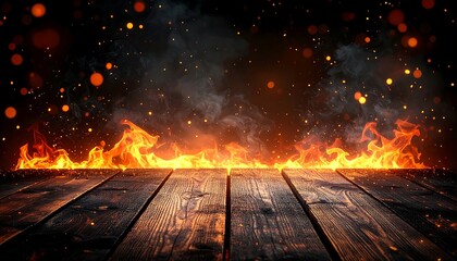 Rustic Wooden Table With Fire and Smoke Creating Dark Product Display Scene