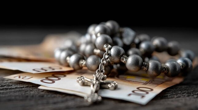 Catholic Finance Concept with Rosary on Euro Banknotes