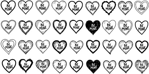 Black and White Line Art Hearts with "Be Mine" text for Valentine's Day graphics, vector collection