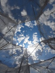 Looking up at a Clear Sky Through a Mesh Structure on a Sunny Day While Clouds Drift Above
