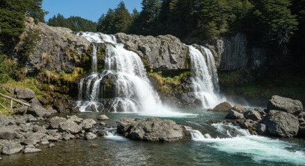Cascading waterfall over rocky cliff, surrounded by green trees and foliage