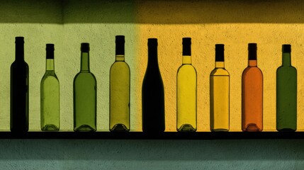 Bottles Arranged on a Shelf Create a Colorful Abstract Display in Natural Light During the Golden Hour