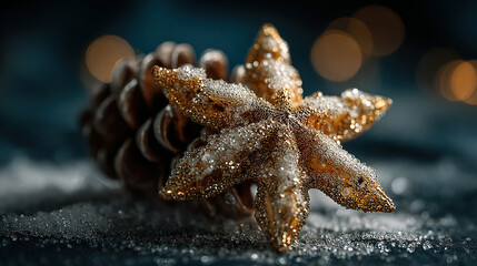 Frosted pine cone and star-shaped ornament on glittery surface.