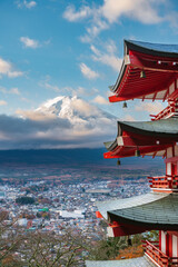 Mount Fuji seen from Chureito pagoda. Landmark of Japan