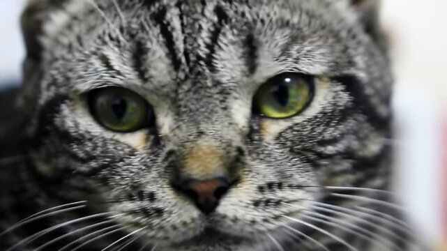 A close-up portrait of a cat's face with bright green eyes