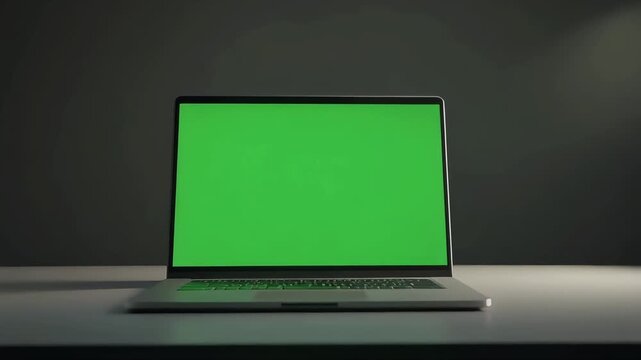 Laptop with a green screen ideal for digital design, remote work, video editing, online meetings, technology concepts, and content creation.