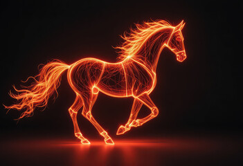 Glowing fiery horse formed from bright neon flames running forward on dark background symbolizing power speed energy and intense strength in dramatic modern concept
