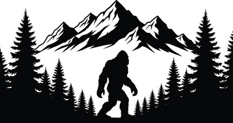 Bigfoot silhouette in mountain forest landscape illustration, mysterious sasquatch creature, wilderness nature scene, black and white vector artwork