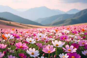Obraz premium Scenic Meadow of Pink and White Cosmos Flowers with Misty Mountains in the Background at Sunset