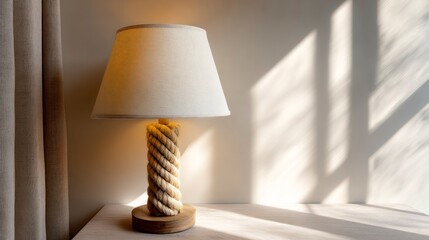 Rope lamp styled in Japandi-inspired interior with warm light and shadows  