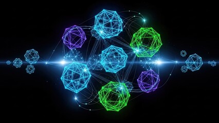 Vibrant network of glowing neon spheres connected by dynamic lines and pulses