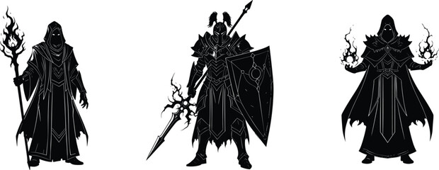 Dark fantasy warrior silhouettes set, mage knight sorcerer characters, magic fire weapons armor, black vector illustration, role playing game art © MdSar