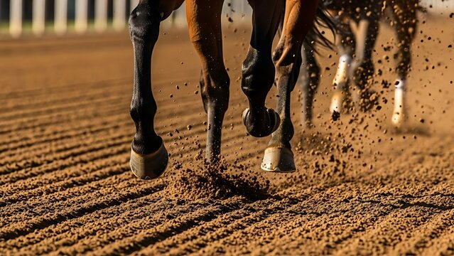 Racehorse on the Track: The raw energy of a racehorse in motion, captured from a low angle as hooves kick up the dirt, highlighting the power, speed, and agility of the animal