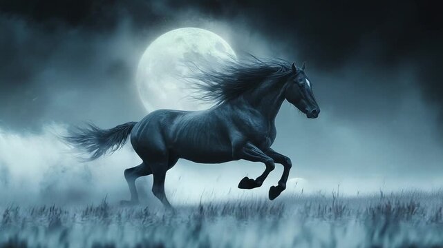 Majestic Black Horse Galloping Under a Full Moon at Night.