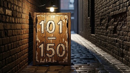 Vintage wooden sign with numbers 101 to 150 in a dark alleyway
