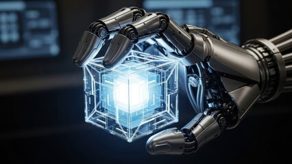 Robotic Hand Holding Glowing Blue Digital Cube in Futuristic Data Environment