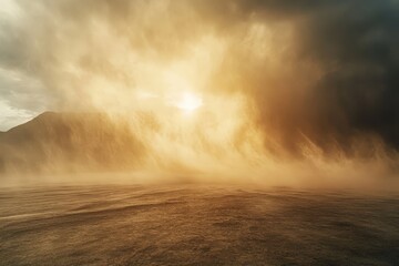 Dramatic desert scene of swirling sandstorm at sunset.
