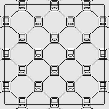 Seamless pattern on a gray background with train icons. Line design for posters, social media, and banner templates.