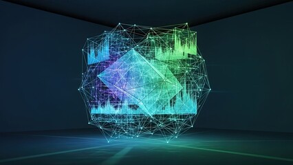 Stunning digital network visualization with glowing lines and nodes in dark room