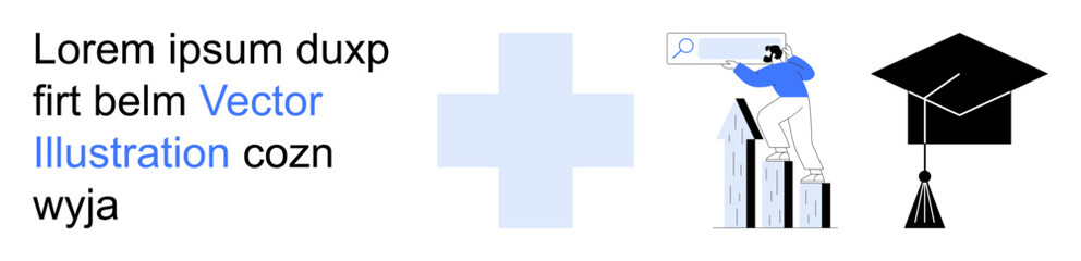 Obraz premium Education, data analysis, healthcare, research, progress, graduation. A man analyzing data, a cross symbol and a graduation cap icon. Education and data analysis concepts creatively