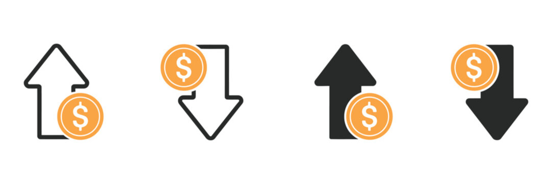 Money Increase or Decrease Icon Set, Featuring Dollar Increase and Decrease Symbols, Profit and Loss Icons with Arrows, Cost Rising Icon, Vector Illustration 
