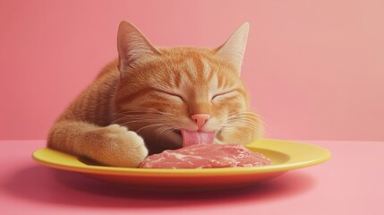 A cat is eating meat from a yellow plate on a pink table with a pink background